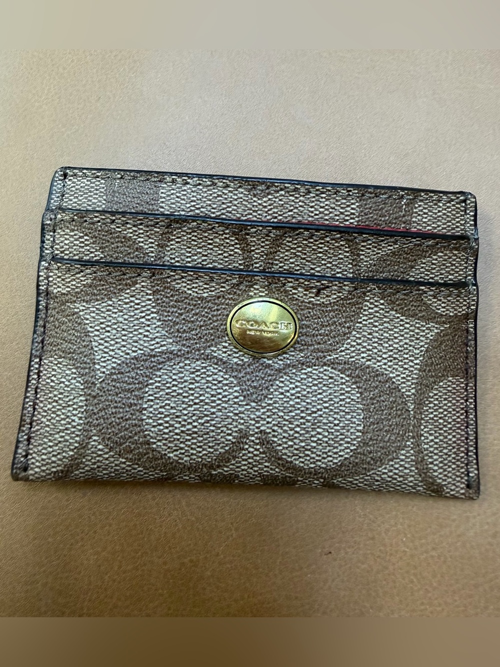Coach Brown Signature Card Sleeve with Gold Button, OS